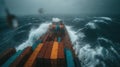 Dramatic view of cargo ship navigating stormy ocean waves with containers and gloomy sky capturing intense maritime adventure Royalty Free Stock Photo