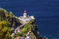 Dramatic view down to lighthouse on Ponta do Arnel, Nordeste, Sao Miguel Island, Azores, Portugal. Lighthouse Arnel near Nordeste Royalty Free Stock Photo