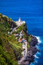 Dramatic view down to lighthouse on Ponta do Arnel, Nordeste, Sao Miguel Island, Azores, Portugal. Lighthouse Arnel near Nordeste Royalty Free Stock Photo