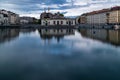 Dramatic view of Geneva city centre historic waterfront. Royalty Free Stock Photo