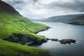 Dramatic view of green hills of Vagar island and Sorvagur town