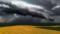 Dramatic view of an incoming storm over a vast expanse of plains, with dark clouds rolling