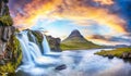 Dramatic view on Kirkjufellsfoss waterfall near Kirkjufell mountain at sunset