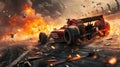 Dramatic view of racing car driving to fire on track at night, burning vehicle runs fast on smoke background. Concept of crash, Royalty Free Stock Photo