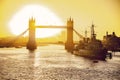 River Thames, Tower Bridge & HMS Belfast at dawn. London, England, United Kingdom