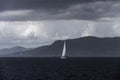 Dramatic view of a sailing boat on the sea before the storm