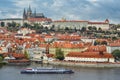 Dramatic view on Vltava river, tourist ship, Prague city center, Saints Vitus Cathedral and Prague Castle, Prague, Czech Republic Royalty Free Stock Photo