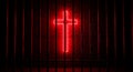 Neon Red Cross Shines Behind Dark Jail Bars Royalty Free Stock Photo