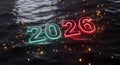Neon 2026 floating on dark water with sparks flying Royalty Free Stock Photo