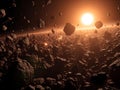 Asteroid Field: A Dangerous Dance Around a Red Sun Royalty Free Stock Photo