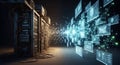 Obsolete physical server hardware disintegrating digital data flow with glowing holographic interface screens network Royalty Free Stock Photo