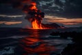 A dramatic volcanic eruption with lava flowing into the ocean, creating steam and fiery red and orange glows against the night sky Royalty Free Stock Photo