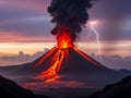 Volcanic Eruption at Sunset with Lightning Strike and Lava Flow Royalty Free Stock Photo