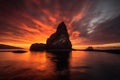 dramatic volcanic island silhouette at sunset