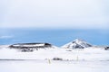 Dramatic volcanic landscape with snow covered crater near lake Myvatn, Iceland Royalty Free Stock Photo