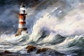 dramatic watercolor landscape storm on the sea, huge waves, lighthouse, rocks Royalty Free Stock Photo