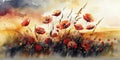 Dramatic Watercolor Painting of a Field of Poppies in Full Bloom for Wall Art.