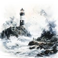 Dramatic watercolor A stormy sea frames a resilient lighthousean evocative