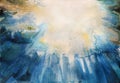 Dramatic watercolor underwater sea view to the sun, with sunlights going through the depth of water. Original free hand Royalty Free Stock Photo