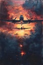 Dramatic watercolor of warplanes in formation at dusk, with fiery skies, evoking WWII.