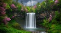 Dramatic Waterfall Amidst Blossoms with Lightning Striking the Sky Royalty Free Stock Photo
