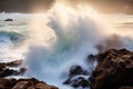 Dramatic Wave Crash Against Rocky Shoreline