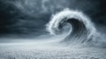 A dramatic wave crashing against a barren landscape, shrouded in moody gray clouds, capturing natures power and beauty