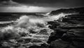 Dramatic waves crash on dark coastline, spray and foam splashing generated by AI