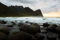 Dramatic waves at sunset at unstad beach on lofoten islands norway