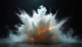 Dramatic white cloud of smoke, dust explodes upwards with intense orange light at core. Tiny particles scatter in directions Royalty Free Stock Photo
