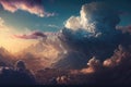 Dramatic white clouds and blue sky from airplane window view. Colorful sunset cloudscape background. Royalty Free Stock Photo