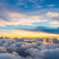 Dramatic white clouds and blue sky from airplane window view Colorful sunset cloudscape background. Royalty Free Stock Photo