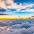 Dramatic white clouds and blue sky from airplane window view Colorful sunset cloudscape background. Royalty Free Stock Photo