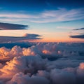 Dramatic white clouds and blue sky from airplane window view Colorful sunset cloudscape background. Royalty Free Stock Photo