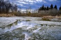Dramatic wide-angle view of melting breaking up of ice surface taken at the pond in the park.