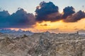 Dramatic wide Sunset panorama over Red Sea Hills mountain chain and Sahara desert. Sharp mountain peaks, wide photo. Hurghada, Royalty Free Stock Photo