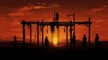 Dramatic Wild West Sunset: Silhouetted Gallows Amidst Desolation