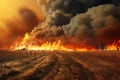 Dramatic wildfire destructing a farm land, flames raging on the horizon, sky filled with dark smoke. Generative AI realistic Royalty Free Stock Photo