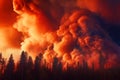 Dramatic wildfire, huge clouds of heavy smoke in fiery red sky over burning forest. Generative AI illustration