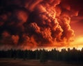 Dramatic wildfire huge clouds of heavy smoke in fiery red sky over burning forest