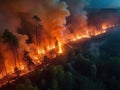Dramatic wildfire at night, engulfing forest with fierce flames and smoke