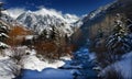 Dramatic Winter Clouds, Crystalline Alpine Snow, and icy stream in Rocky Mountains, Colorado