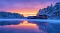 Dramatic winter dawn light casts train silhouette on icy lake with snow-covered trees Royalty Free Stock Photo