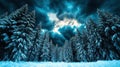dramatic winter storm scene featuring dark clouds and snow covered pine trees creates captivating atmosphere. contrast of icy Royalty Free Stock Photo