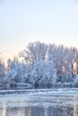 Dramatic winter sunset with the view of a river and everything frozen by the cold Royalty Free Stock Photo