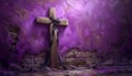 Dramatic Wooden Cross Against Purple Twilight Sky with Mysterious Fog and Broken Wall Background Royalty Free Stock Photo