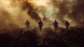 Dramatic world war i reenactment soldiers in trenches amidst dust and smoke, desaturated colors