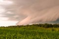 Dramatical sky and clouds before the storm over the green field and forest Royalty Free Stock Photo