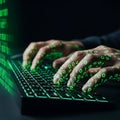 A photorealistic close-up captures a programmer rapidly typing on a high-tech keyboard, hands illuminated by green binary code ref Royalty Free Stock Photo