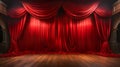 Rich Red Velvet Theatre Curtains and Wooden Stage Floor. Generative AI